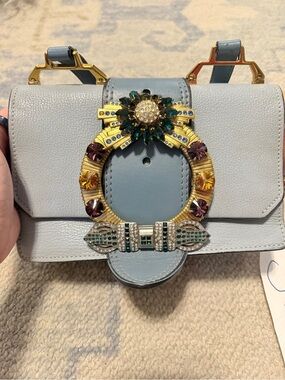 Miu Miu Powder Blue Leather Shoulder Bag with Jeweled Buckle